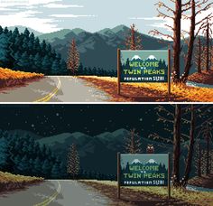 two banners with the words welcome to twin peaks and an image of a mountain road