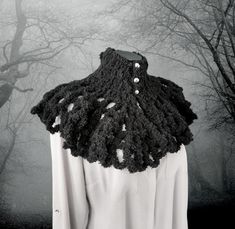 Chunky Crochet Spider Web Capelet Shrug With High Collar & Three Silver Buttons Approx Measurements: Length at Back 11 Inches.  Other Colours And Fabrics Available We Design & Make All Of Our Items In House and are more than happy to help with custom or bulk orders * Free P & P (UK only) * Gothic Theatre, Crochet Spider Web, Victorian Steampunk Wedding, Crochet Spider, Costume Capes, Black Cape, Steampunk Wedding, Knit Lace, Lace Wrap