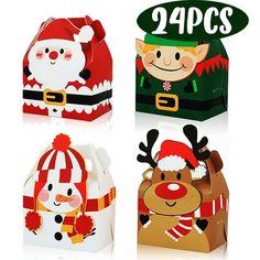 four christmas gift bags with santa claus and reindeers on them, all decorated in different colors