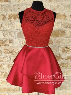 Illustion Neck Lace Short Party Dress Red Satin Homecoming Dress ARD2826-SheerGirl Red Short Dress, Prom Dress Short Lace, Red Lace Prom Dress, Short Satin Dress, Lace Prom Dresses, Mini Prom Dresses, Satin Homecoming Dress, Short Party Dress, Satin Short