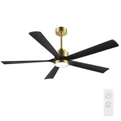 a ceiling fan with three black blades and two white remotes next to it on a white background