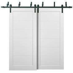 two white doors with black hardware on each side