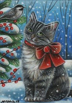 a painting of a cat wearing a red bow sitting in front of a christmas tree