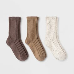 Keep your feet warm and snug in the Women's Fine Ribbed Nep 3pk Crew Socks from Universal Thread. This pack lets you choose from three different colored pairs which come in blue, gray and white. These socks are stretchable and comfortable so it's perfect for loungewear, work and everyday use. Color: Oatmeal/Tan/Brown. Gender: female. Age Group: adult. Pattern: Solid. Material: Cotton. Clog Socks, Target Socks, Socks For Boots, Orphan Costume, Camping Socks, Loafer Socks, Neutral Socks, Beige Socks, Fall Socks