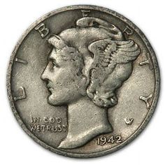 an old silver coin with the face of a woman's head in profile, on a white background