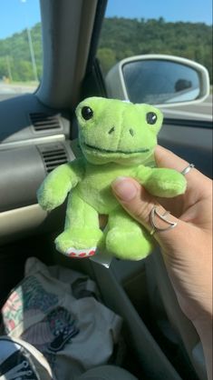 a person holding a green stuffed animal in their hand while sitting in the driver's seat of a car