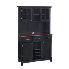 a black hutch with wooden counter top and wine rack in front of white background