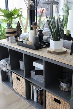 a living room filled with lots of furniture and plants on top of it's shelves