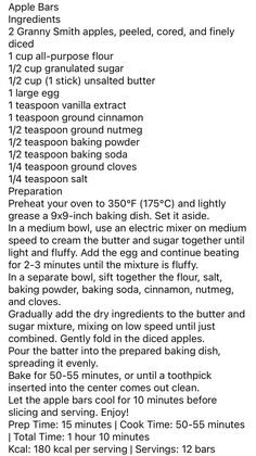 the recipe for apple bars is shown in black and white