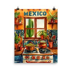 a painting of a kitchen with pots and cacti on the stove