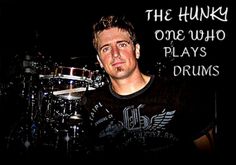 a man sitting in front of a drum set with the words, the funky one who plays drums