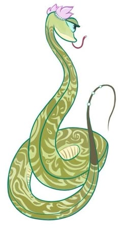 a green snake with a pink flower on its head, and a hook in it's mouth