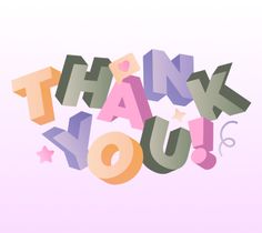 the words thank you are written in multicolored letters on a light pink background