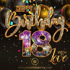 happy birthday 16th with love balloons and confetti on black background for greeting card