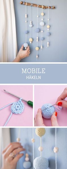 crocheted mobile made with yarn and beads is shown in three different pictures, including the