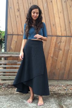 Our most romantic and playful skirt, wraps around with a modest high-low tulip hemline. Made from luxurious hemp with soft linen feel. Extra long sash & keyhole to tie in your own unique way. 38″ drop from waist to hem. One size. Made from light weight woven 55% hemp, 45% organic cotton. Wrap Around Skirts, Wrap Skirts, Linen Wrap Skirt, Long Wrap Skirt, Quilted Clothes, Flounce Skirt, Tulip Skirt, High Waisted Maxi Skirt, Casual Skirt Outfits