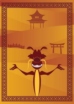 an illustration of a monkey in front of a chinese landscape