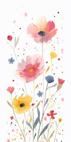 watercolor flowers on white background with pink, yellow and blue blooms in the foreground