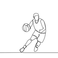 one line drawing of a basketball player dribbling the ball