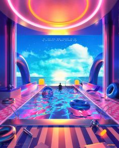 an artistic rendering of a futuristic swimming pool in the middle of a room with pink and blue walls