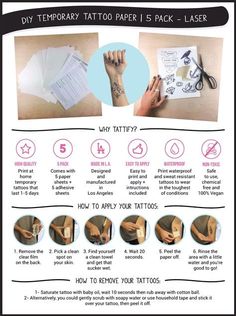 the instructions for how to use temporary tattoos on your arm and wrist, with pictures of different