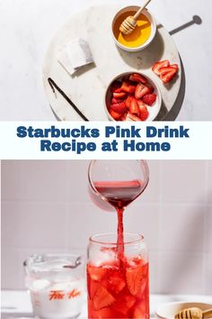 strawberry juice being poured into a glass with strawberries and honey in the bowl next to it