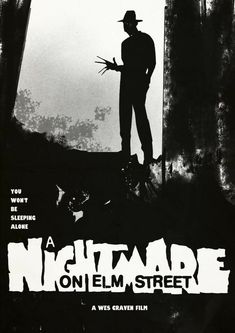 a movie poster with a man standing in front of trees and the words, nightmares on elm street