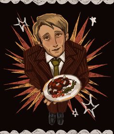 a drawing of a man holding a plate with food on it in front of him