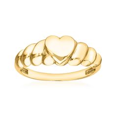 Ross-Simons - 14kt Yellow Gold Ribbed Heart Ring Size 7. Playful yet posh, this glossy 14kt yellow gold ribbed ring is centered by a puffy heart that adds a little love to a very luxe design. Textured and polished finishes. 1/4" wide. 14kt yellow gold ribbed heart ring. Ribbed Ring, Rib Ring, Sentimental Jewellery, Luxe Design, Gold Heart Ring, Gold Rings Simple, Heart Shaped Jewelry, Puffy Heart, Heart Bracelet