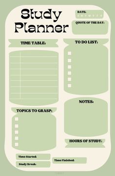 a green and white study planner with notes