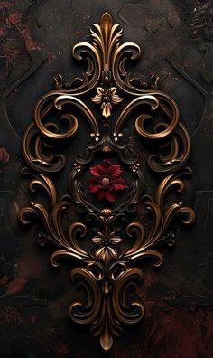 an ornate gold and red design on a black wall with flowers in the center,