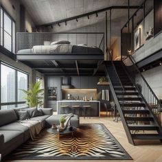 a living room filled with lots of furniture and a staircase leading up to the top floor