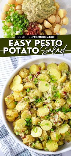 potato salad with pesto dressing in a white bowl