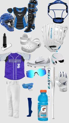 an assortment of sports equipment including baseball gloves, catchers mitts and sunglasses