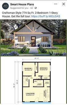 the small house plan is shown with measurements for each floor and one bedroom, two bathrooms