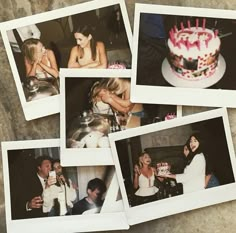 several polaroid photos of people sitting around a cake