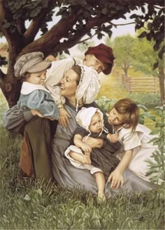 an image of a painting of a family in the grass with one child on her lap