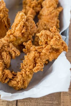 fried chicken rings in a basket on a wooden table