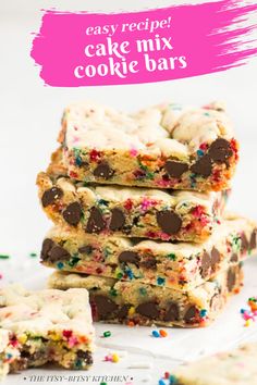 easy recipe cake mix cookie bars with sprinkles and chocolate chips on top