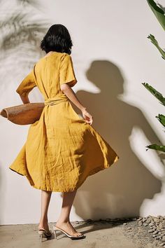 Linen Tied Knot Summer Dresses For Women Yellow Relaxed Fit Dress For Summer, Summer Long Sleeve Dress With Tie Fastening, Long Sleeve Summer Dresses With Tie Fastening, Summer Maxi Dress With Tie Back And Short Sleeves, Summer Midi Dress With Belt And Half Sleeves, Short Sleeve Beach Dress With Tie Back, Short Sleeve Tie Back Beach Dresses, Casual Yellow Linen Beach Dress, Cotton Dress With Tie Waist And Relaxed Fit