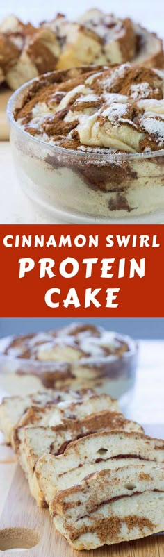 cinnamon swirl protein cake on a cutting board