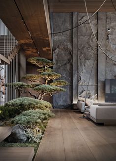 a living room filled with lots of furniture and trees on the wall next to it