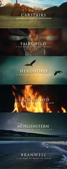 four different movie titles with fire and water in the background, one on top of the other