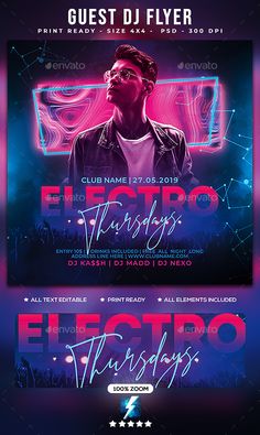 an event flyer with neon lights and dj's name on the front, in purple tones