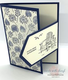 a handmade card with a chair and flowers on the front, which reads enjoy your afternoon