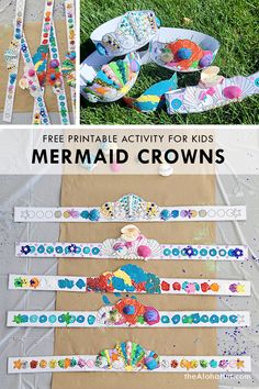 Free printables to throw a fun splish splash mermaid bash that includes lots of free printables. Download FREE mermaid crown prints from the blog and have fun with this DIY craft activity that is great for all ages from toddlers and preschoolers on up to elementary and older kids. Easy to assemble, fun to make, and encourages creativity! Can be used at a party or a standalone activity for your playdate. #freeprintables #freeprintablesforkids #mermaidactivity #mermaidparty #mermaidcrowns #crafts Mermaid Birthday Party Activities Fun Games, Mermaid Party Craft Ideas, Pin The Fin On The Mermaid, Mermaid Party Activity Ideas, Mermaid Birthday Party Games Kids, Mermaid Ocean Birthday Party, Pirate And Mermaid Theme Preschool, Mermaid Prek Activities, Mermaid Learning Activities