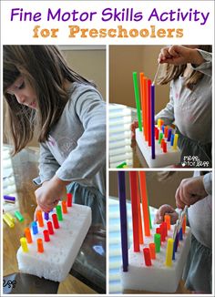 a collage of photos showing how to use fine motor skills for preschiolers