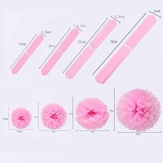 four pink tissue pom poms with measurements for each one and the other three