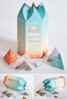 three pyramid shaped tea bags next to each other on a white surface with the packaging in front of them