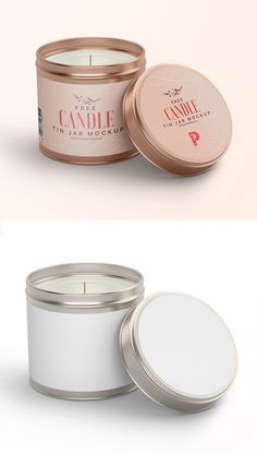 two candles with labels on them, one is pink and the other has white tins